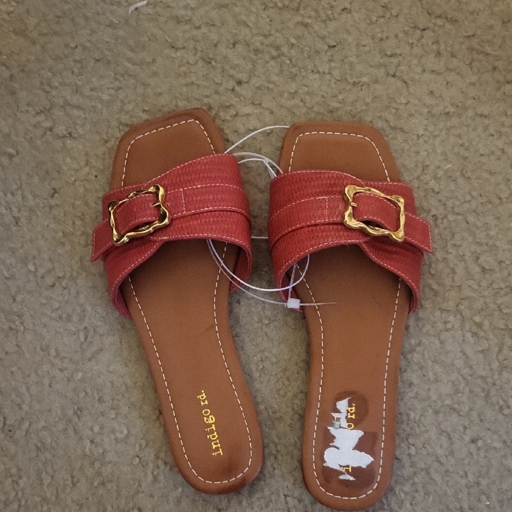 Indigo Women's Red Slide Sandals with Gold Buckles